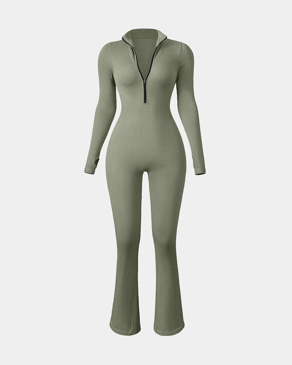 Long Sleeve Zip Front Bell Bottoms Jumpsuits