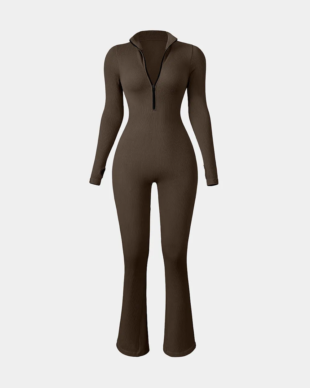 Long Sleeve Zip Front Bell Bottoms Jumpsuits