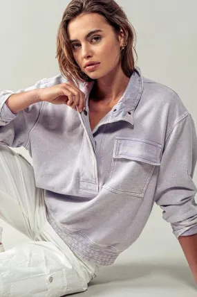 Mineral Washed Snap Button Mock Neck Sweatshirt LAVENDER