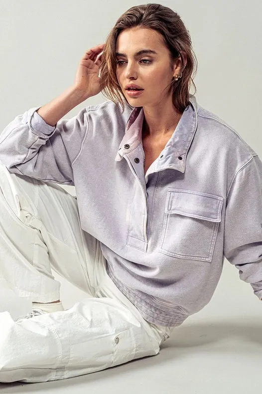 Mineral Washed Snap Button Mock Neck Sweatshirt LAVENDER