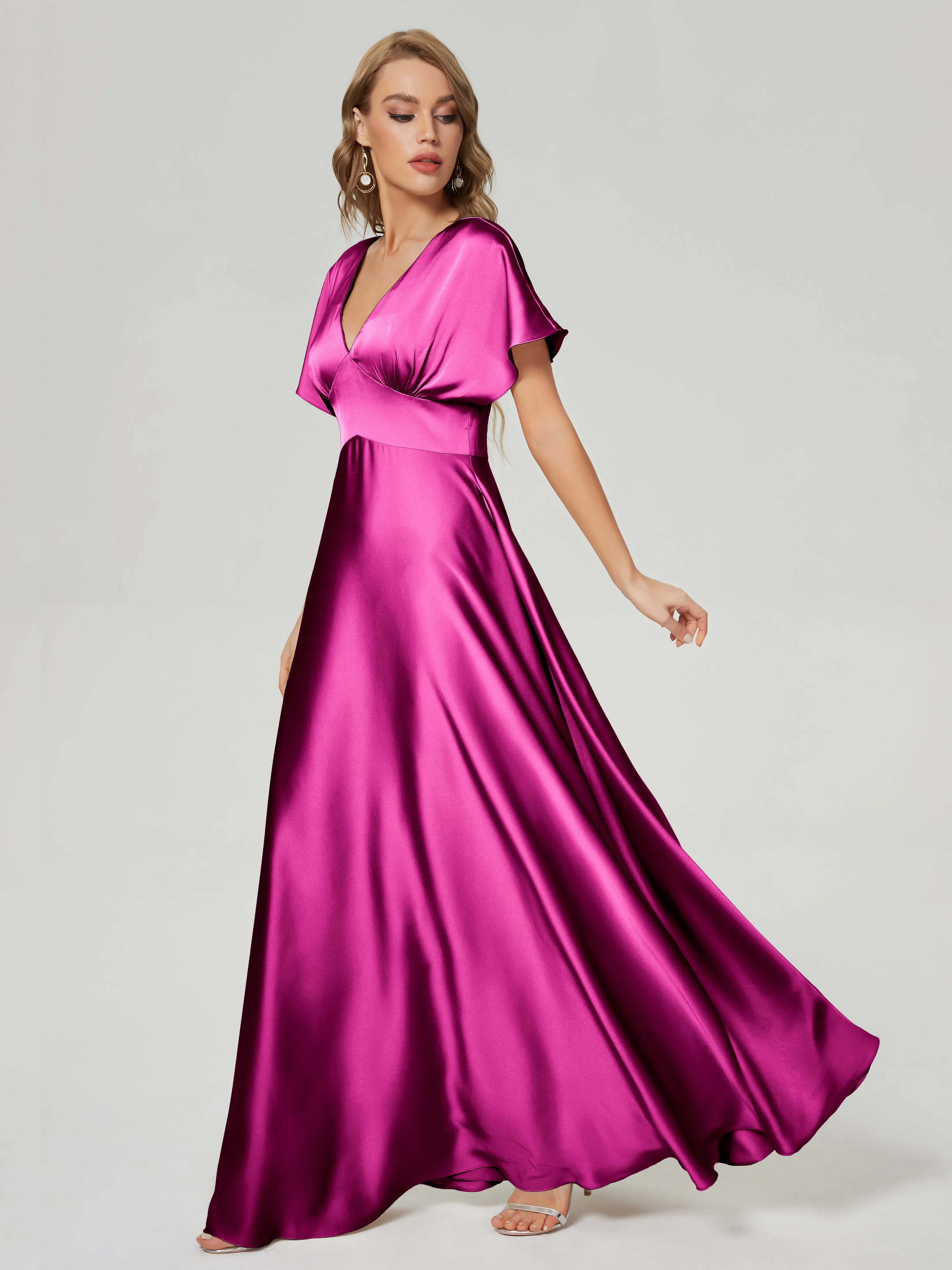 Mulberry Bridesmaid Dresses Ariah Modest V Neck Short Sleeves Soft Satin Dresses