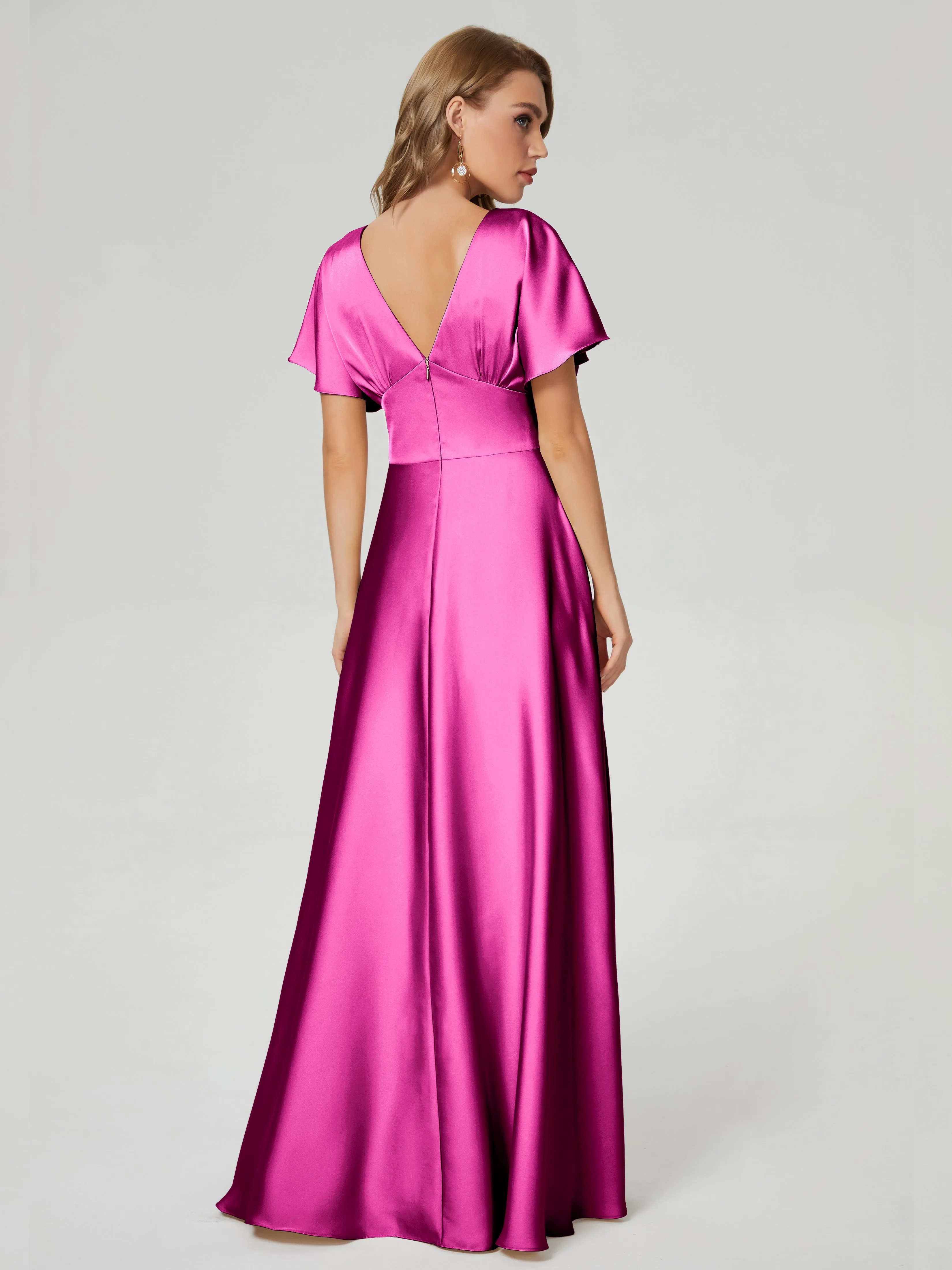 Mulberry Bridesmaid Dresses Ariah Modest V Neck Short Sleeves Soft Satin Dresses