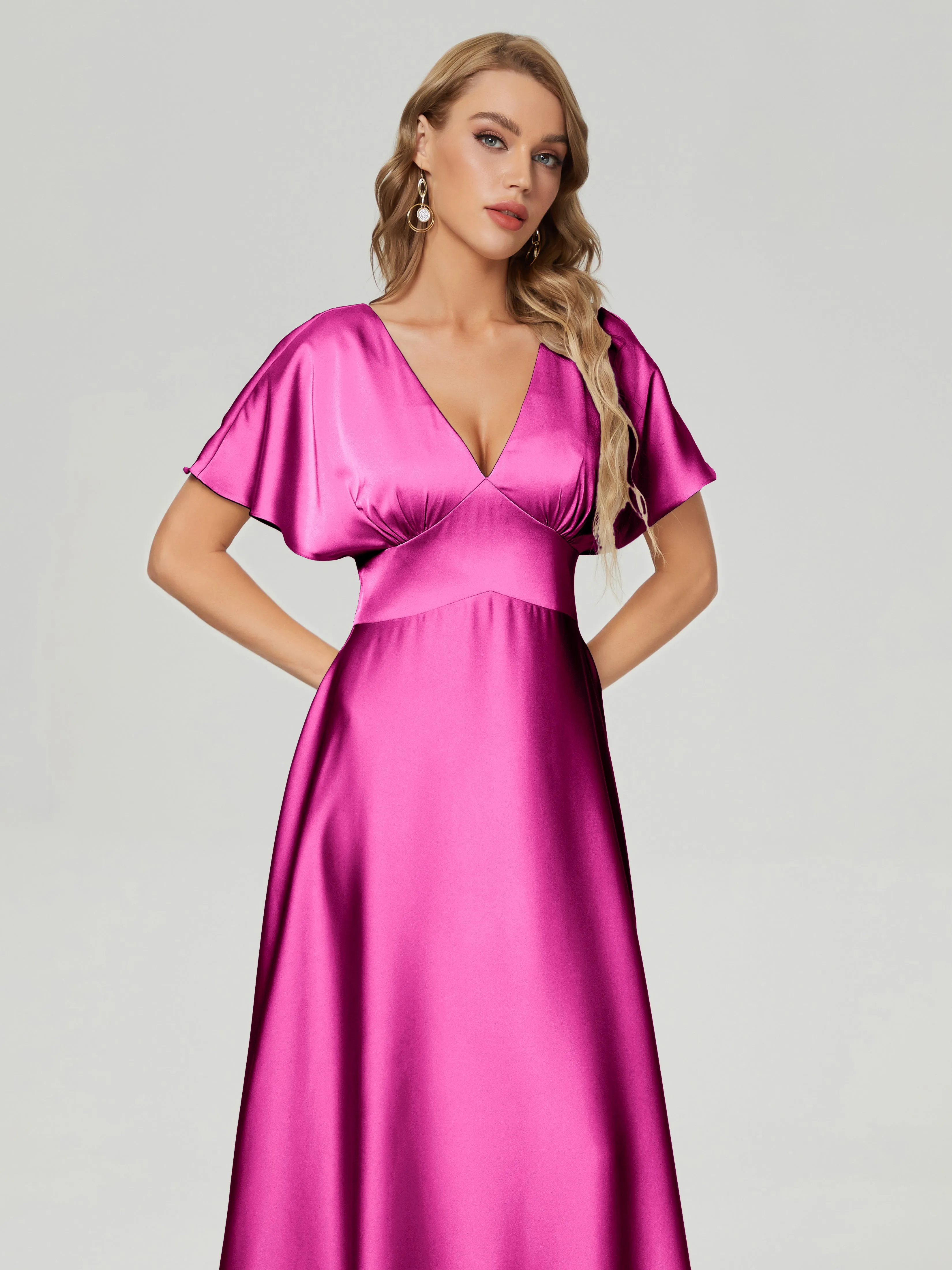 Mulberry Bridesmaid Dresses Ariah Modest V Neck Short Sleeves Soft Satin Dresses