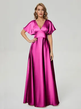 Mulberry Bridesmaid Dresses Ariah Modest V Neck Short Sleeves Soft Satin Dresses