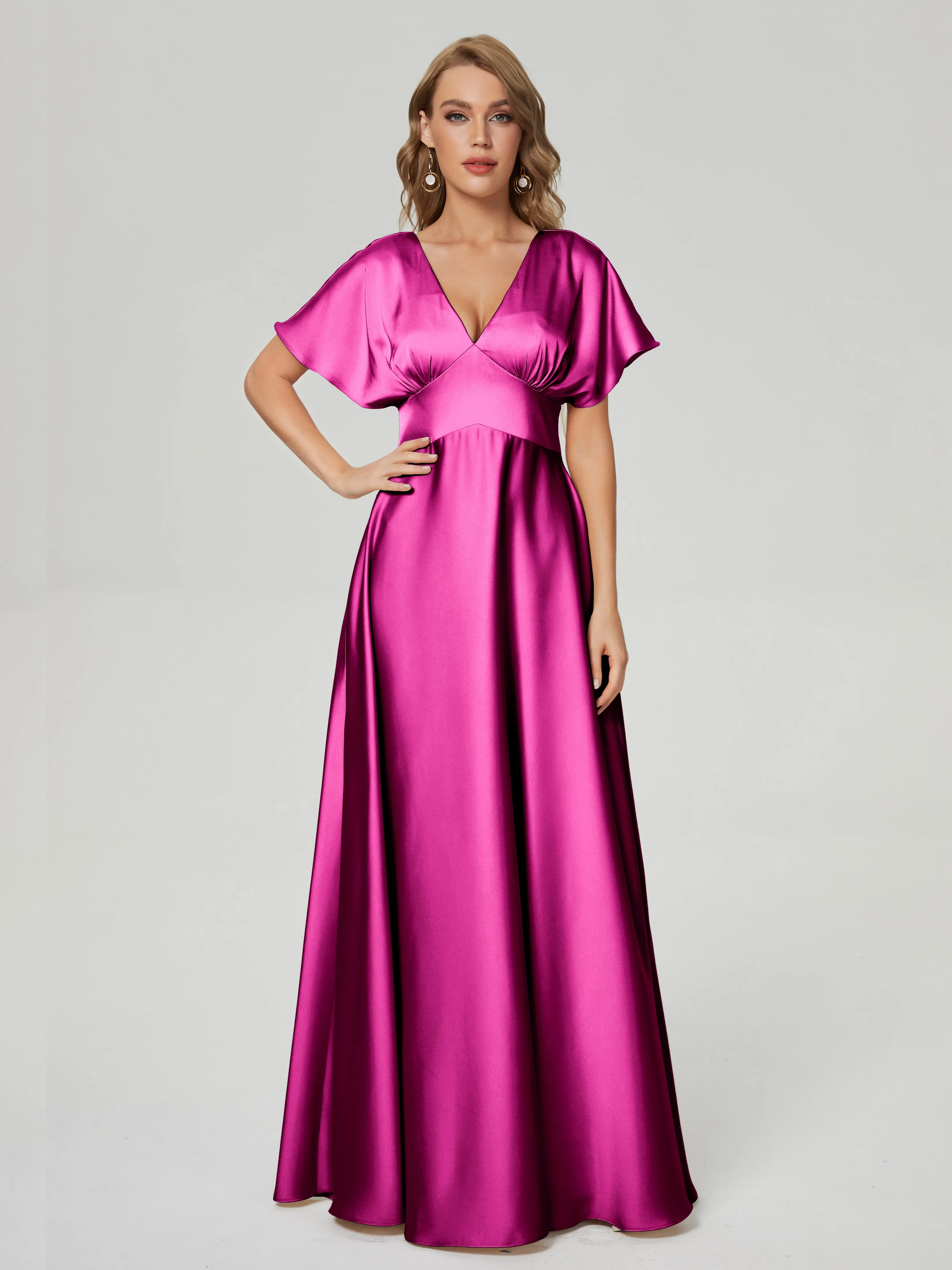 Mulberry Bridesmaid Dresses Ariah Modest V Neck Short Sleeves Soft Satin Dresses