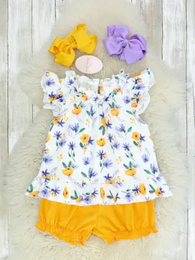 Mustard & Purple Floral Ruffle Top & Shorts Outfit