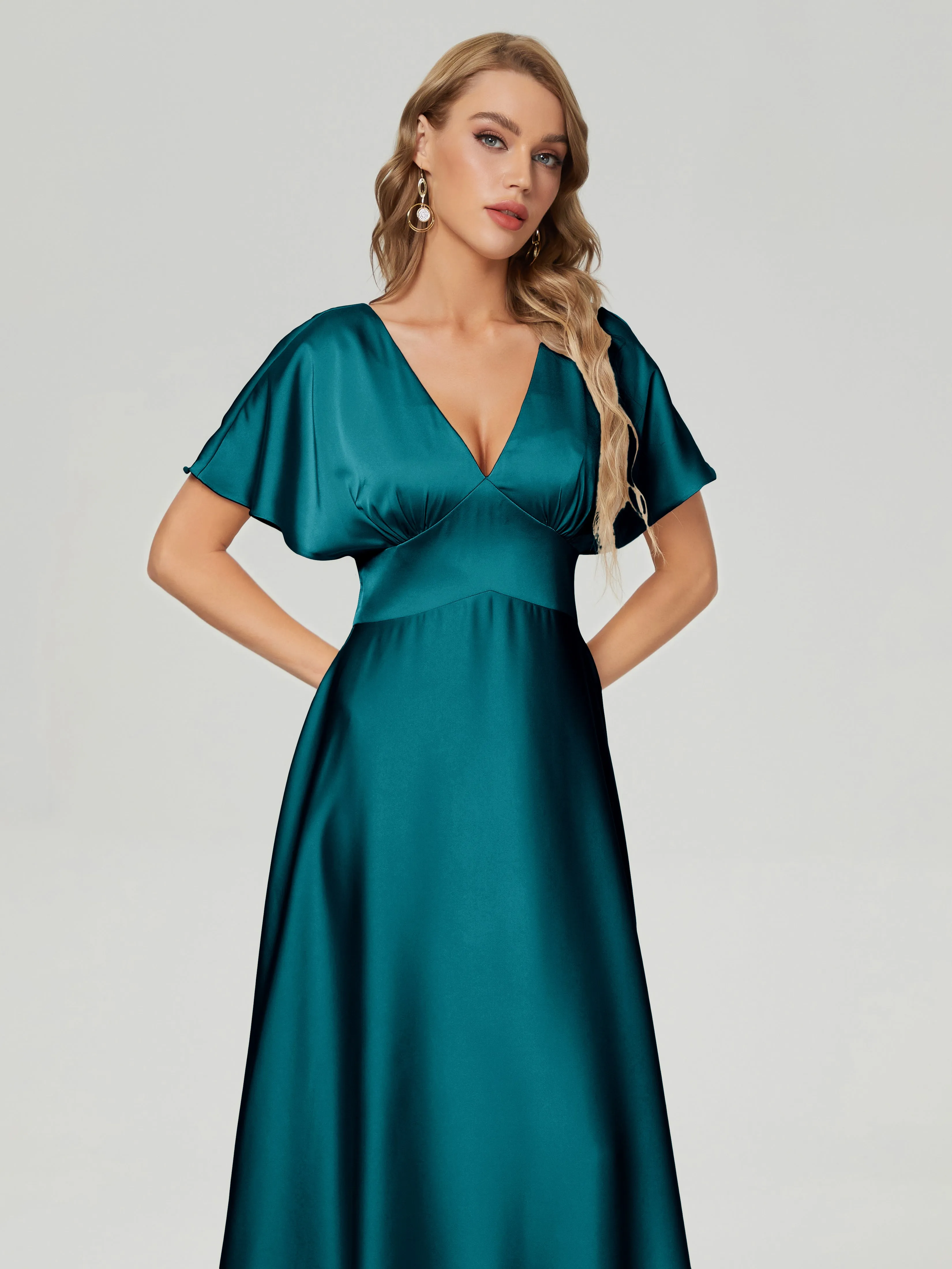 Peacock Bridesmaid Dresses Ariah Modest V Neck Short Sleeves Soft Satin Dresses