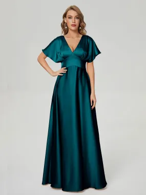 Peacock Bridesmaid Dresses Ariah Modest V Neck Short Sleeves Soft Satin Dresses