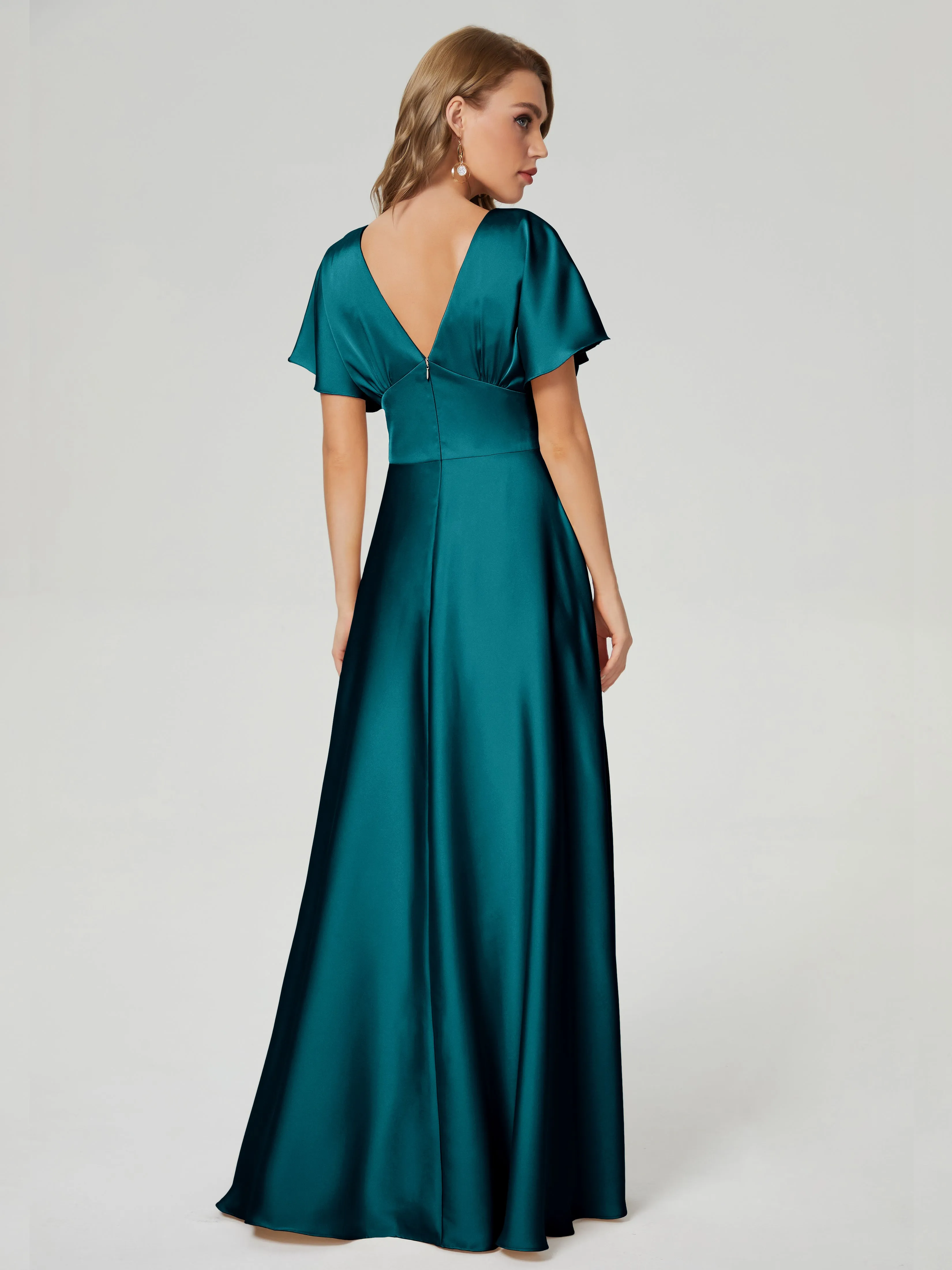 Peacock Bridesmaid Dresses Ariah Modest V Neck Short Sleeves Soft Satin Dresses
