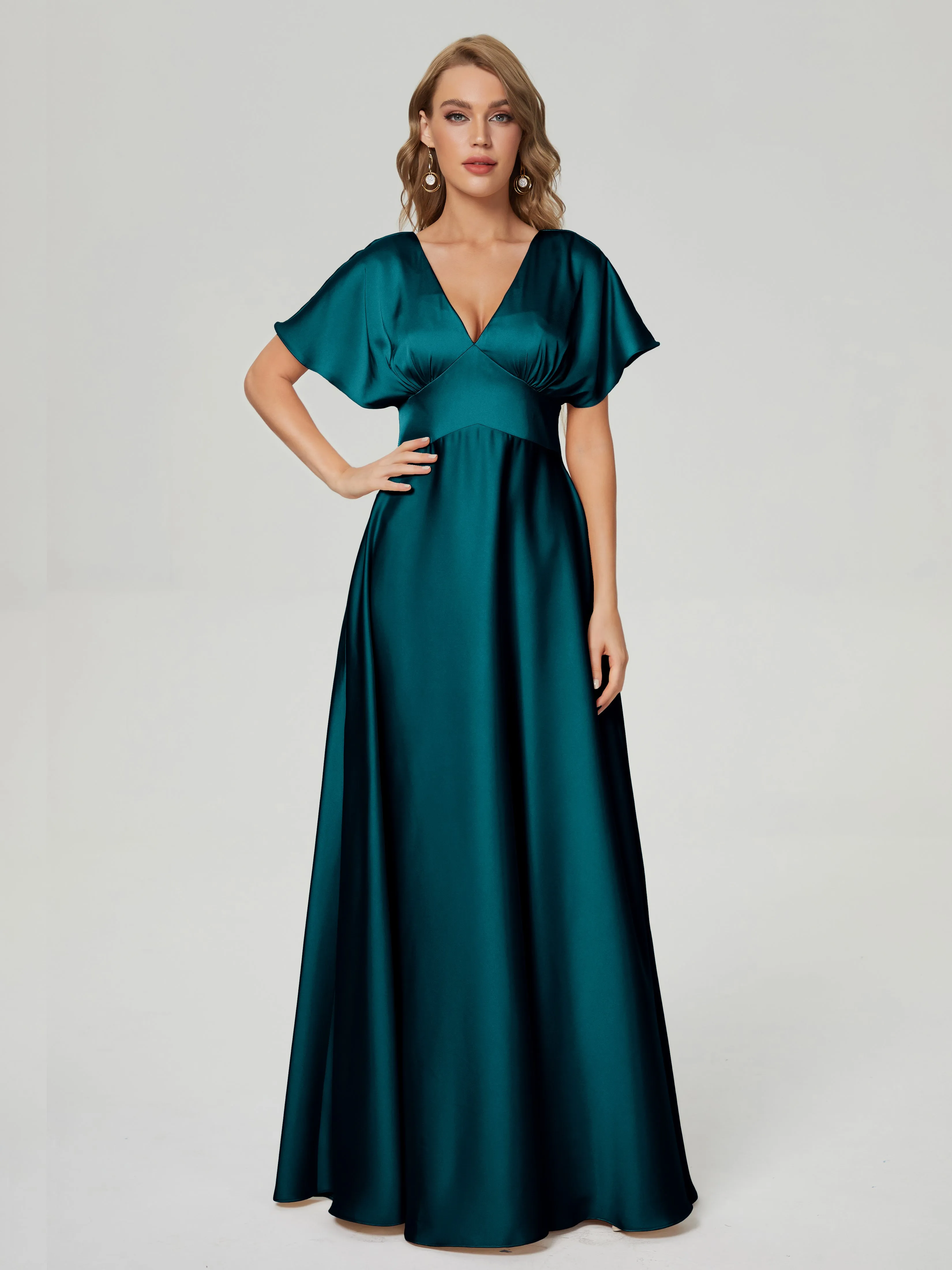 Peacock Bridesmaid Dresses Ariah Modest V Neck Short Sleeves Soft Satin Dresses