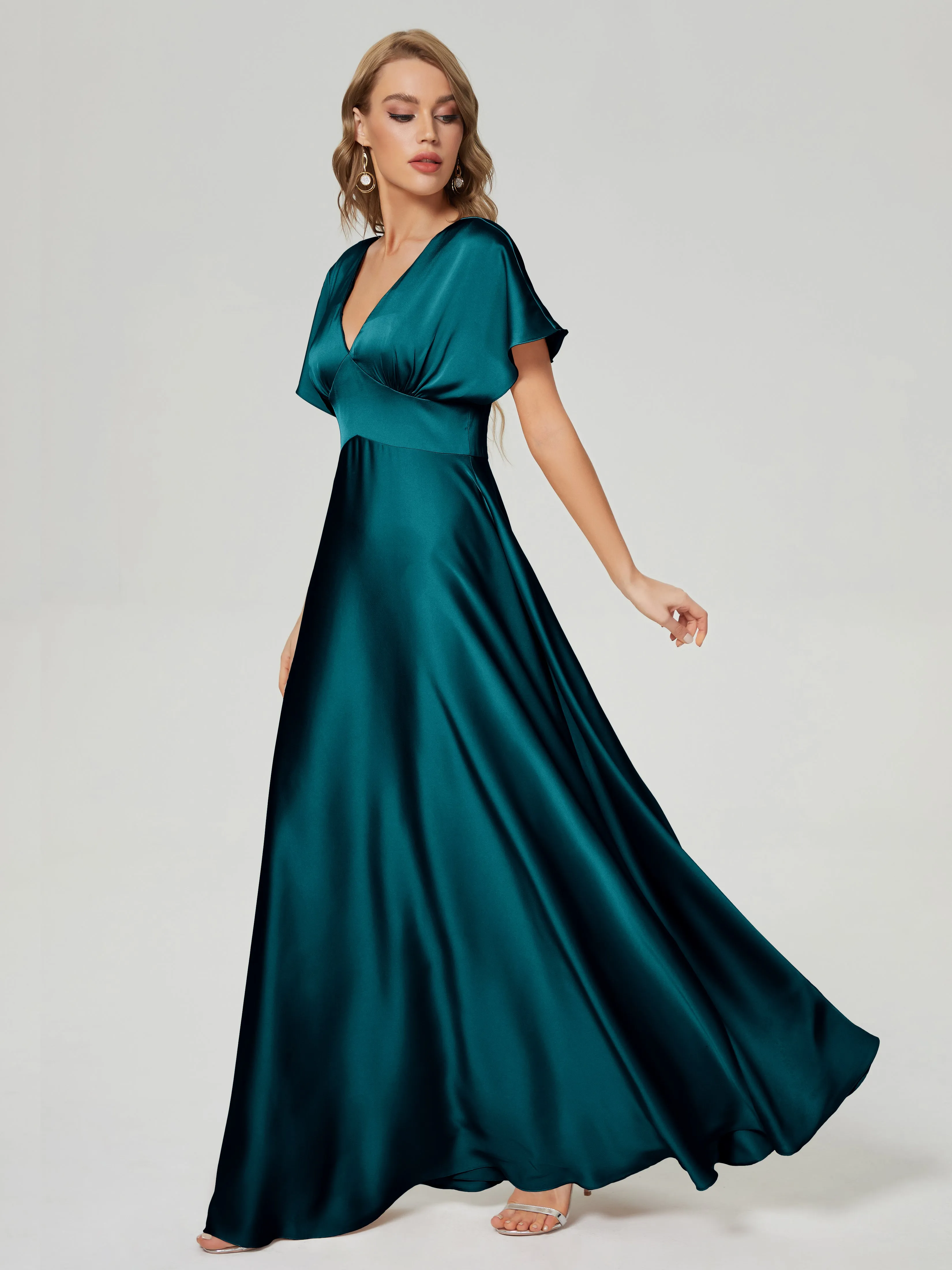 Peacock Bridesmaid Dresses Ariah Modest V Neck Short Sleeves Soft Satin Dresses