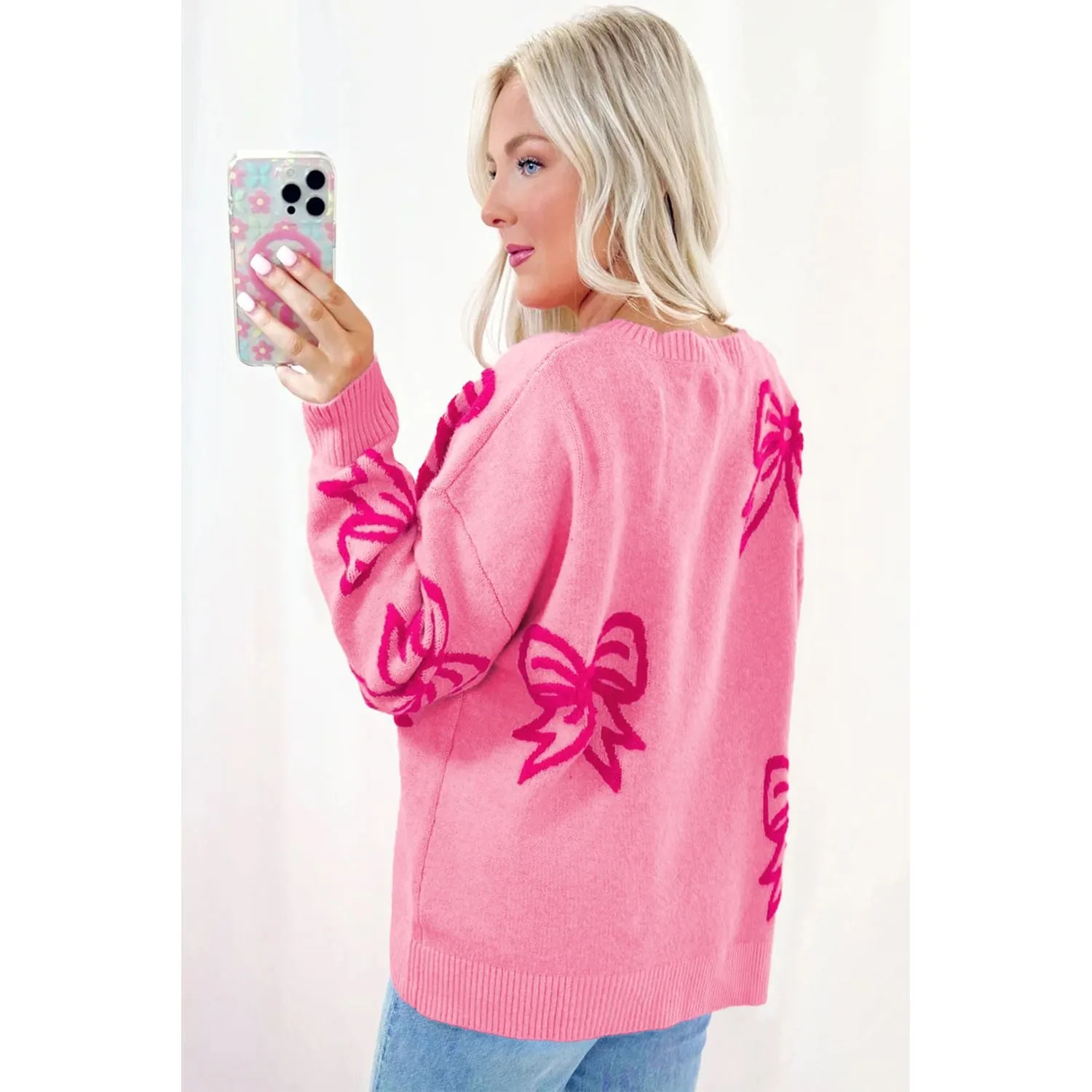 Pink Bow Pattern Drop Shoulder Loose Sweater