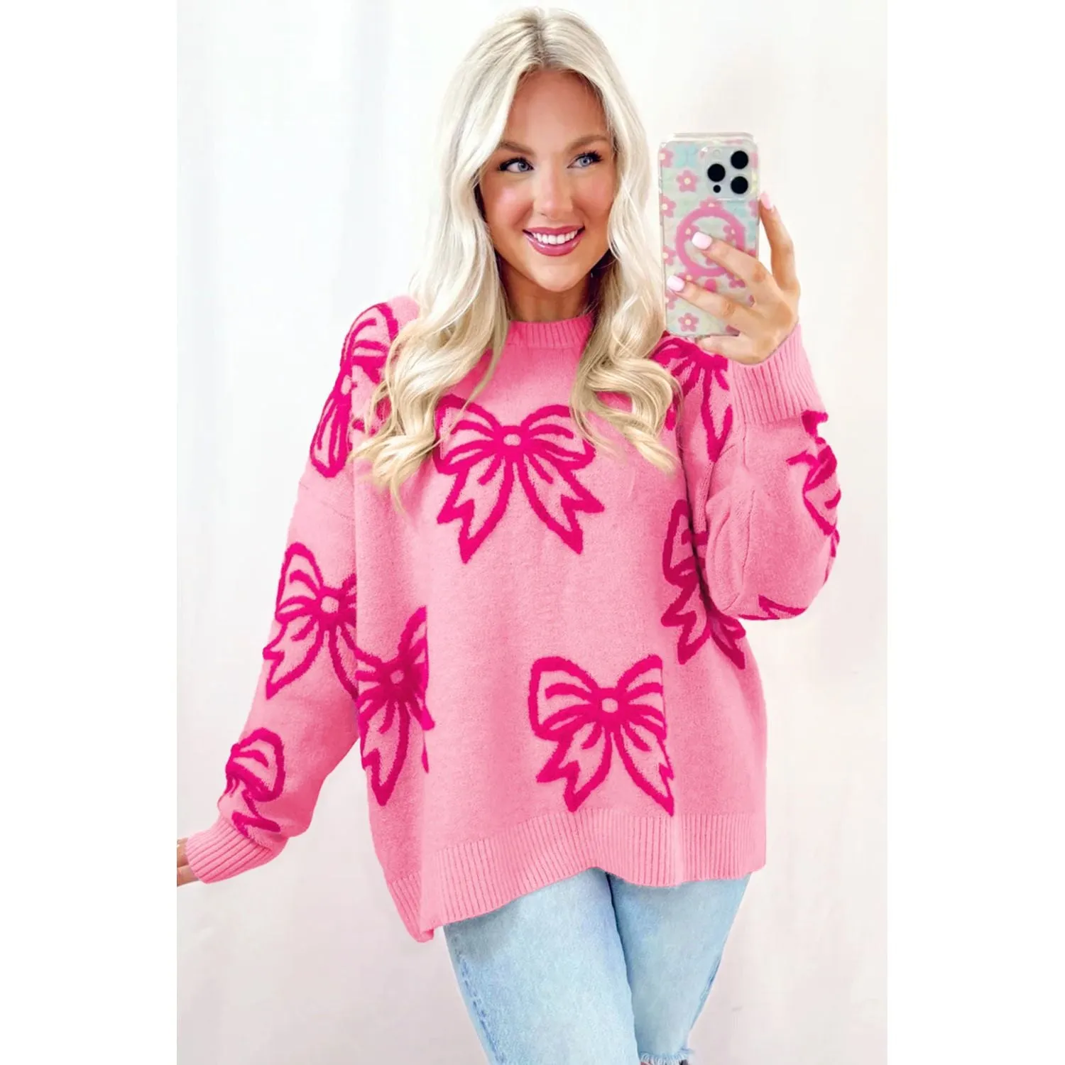 Pink Bow Pattern Drop Shoulder Loose Sweater