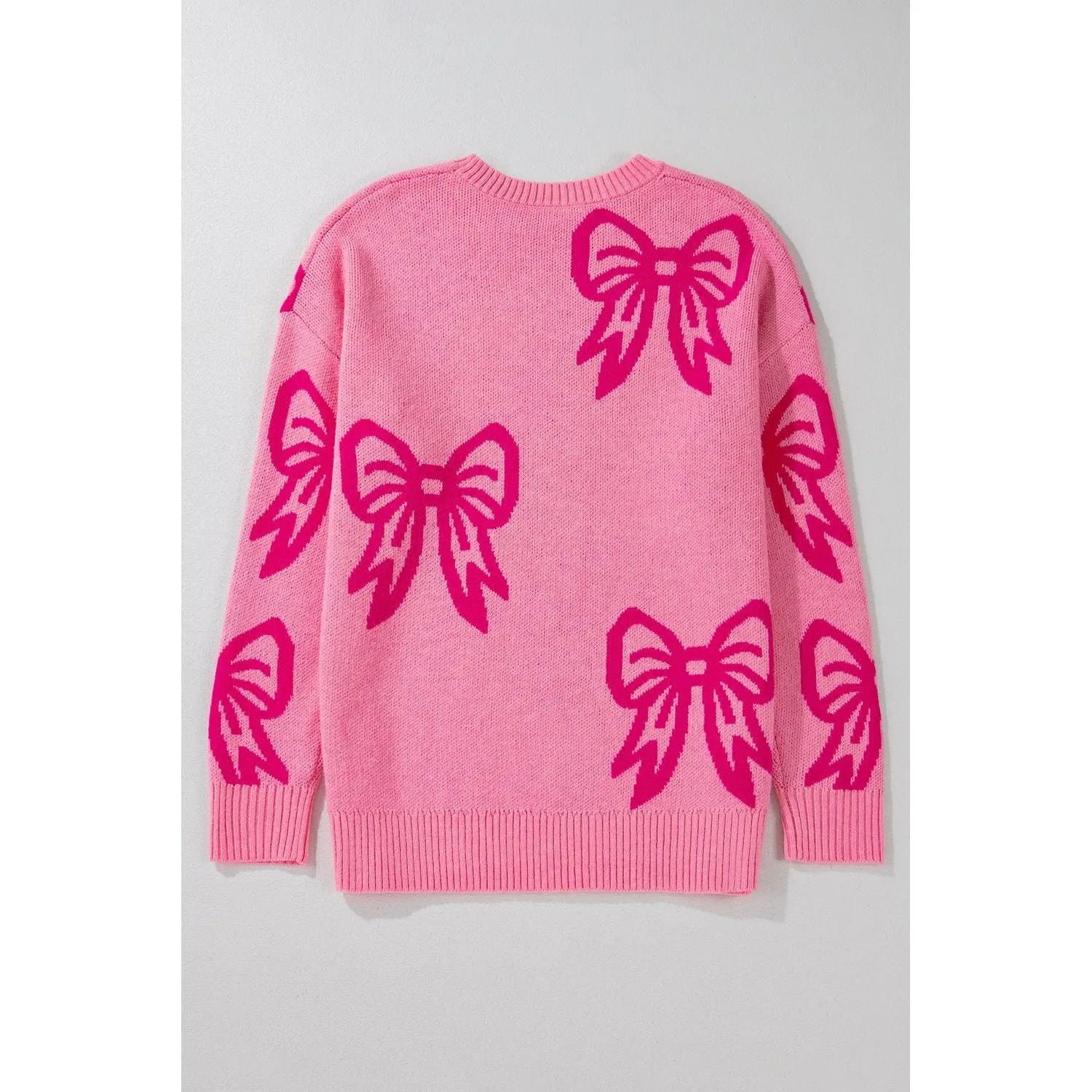 Pink Bow Pattern Drop Shoulder Loose Sweater