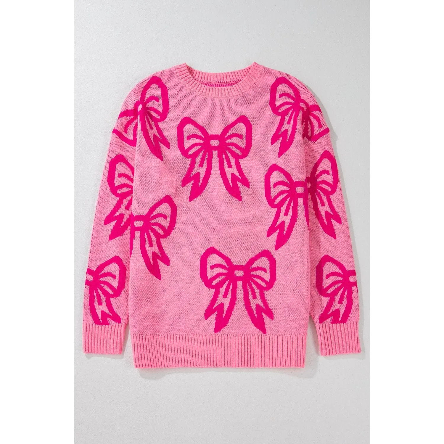 Pink Bow Pattern Drop Shoulder Loose Sweater