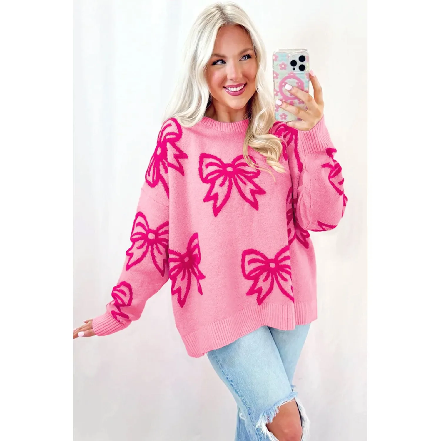 Pink Bow Pattern Drop Shoulder Loose Sweater