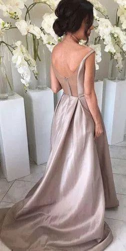 Silver Long A Line Taffeta Bridesmaid Dresses, Best Elegant V neck Bridesmaid Gown PFB0061