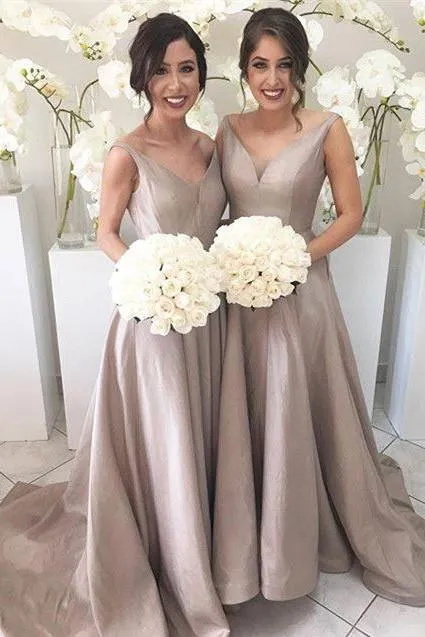 Silver Long A Line Taffeta Bridesmaid Dresses, Best Elegant V neck Bridesmaid Gown PFB0061