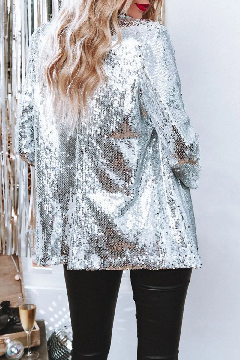 Street-Chic Sequin Cardigan Collar Outerwear with Patchwork