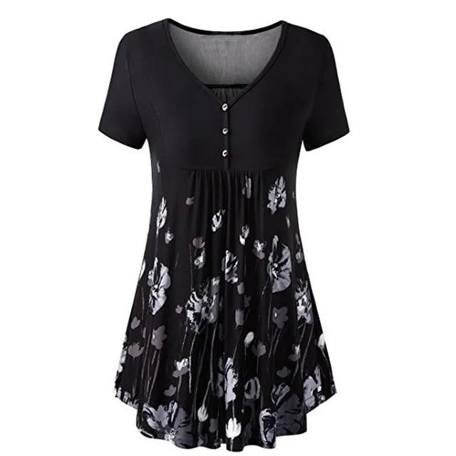 Summer Printed V-Neck Button Front Pleated Flared Comfy Loose Tunic