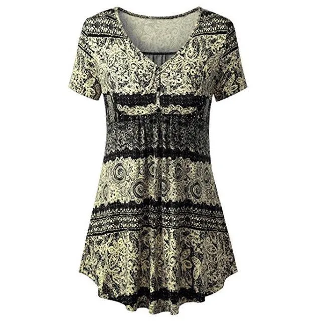 Summer Printed V-Neck Button Front Pleated Flared Comfy Loose Tunic