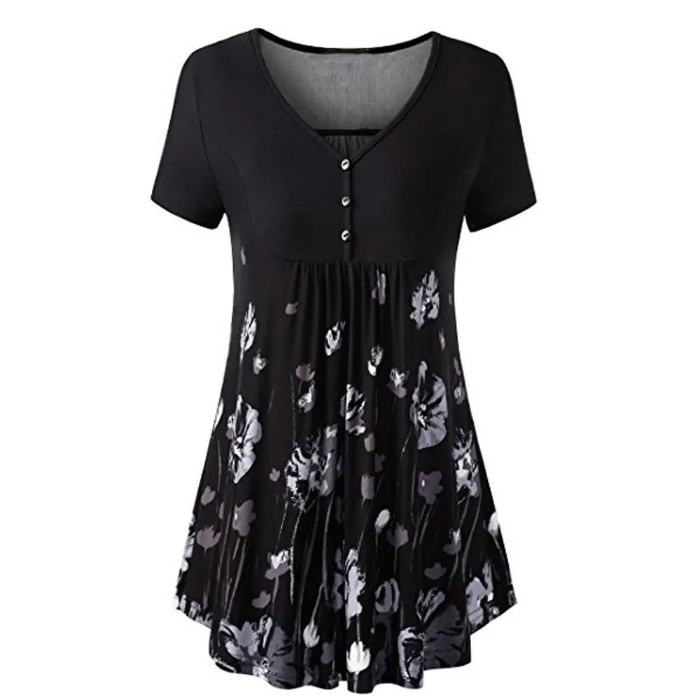Summer Printed V-Neck Button Front Pleated Flared Comfy Loose Tunic