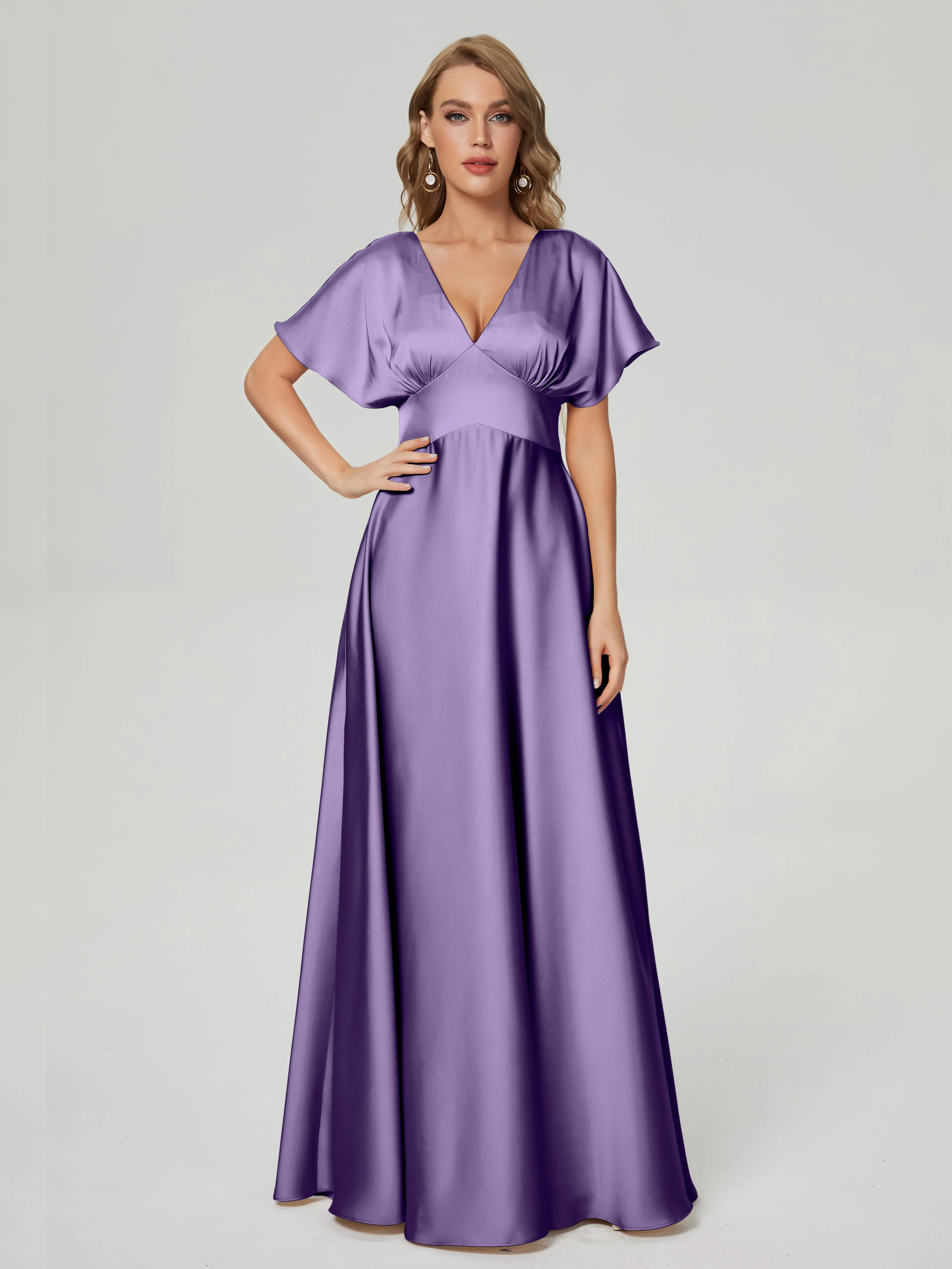 Tahiti Bridesmaid Dresses Ariah Modest V Neck Short Sleeves Soft Satin Dresses
