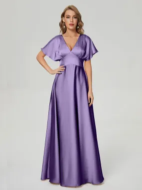 Tahiti Bridesmaid Dresses Ariah Modest V Neck Short Sleeves Soft Satin Dresses