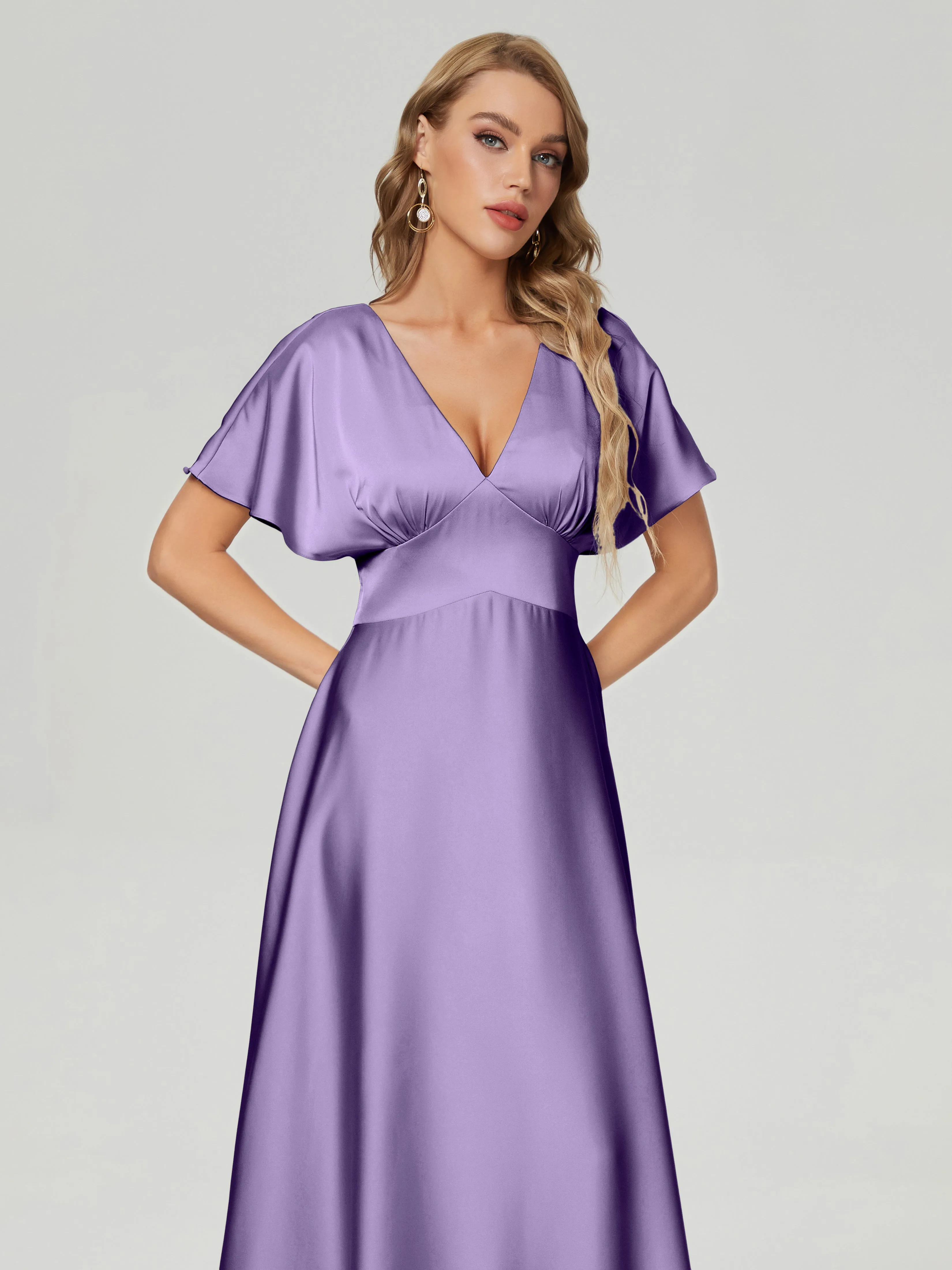 Tahiti Bridesmaid Dresses Ariah Modest V Neck Short Sleeves Soft Satin Dresses