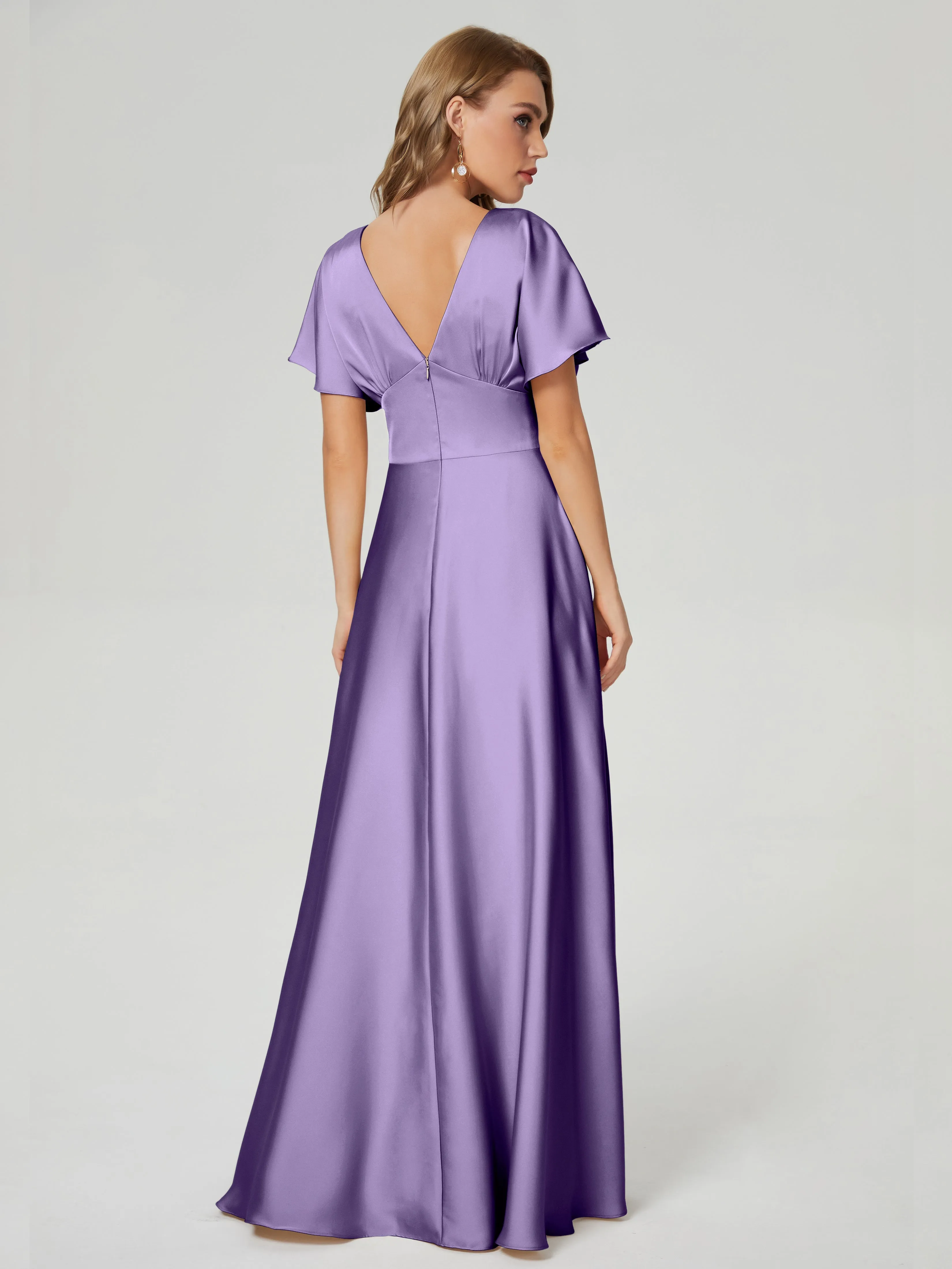 Tahiti Bridesmaid Dresses Ariah Modest V Neck Short Sleeves Soft Satin Dresses