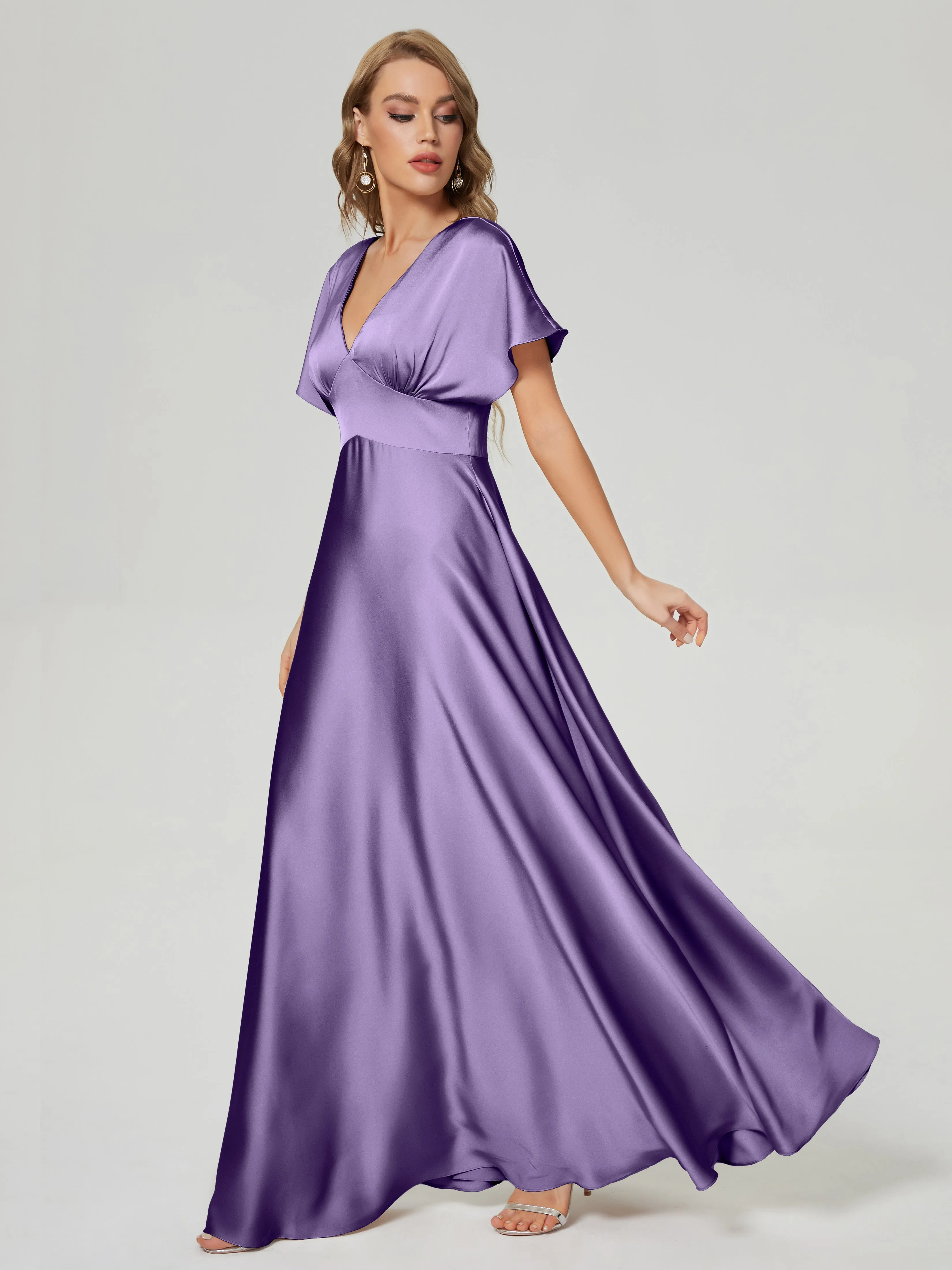 Tahiti Bridesmaid Dresses Ariah Modest V Neck Short Sleeves Soft Satin Dresses