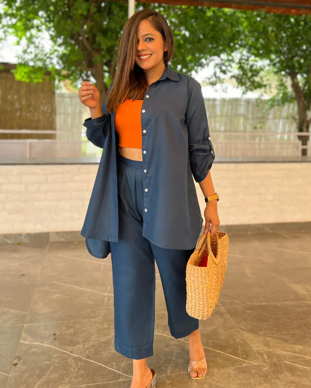 Teal Blue Cotton Slub Aline Co-ord Set of 2