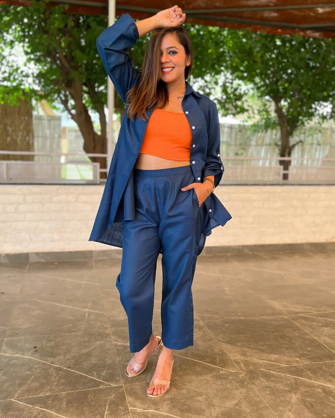 Teal Blue Cotton Slub Aline Co-ord Set of 2