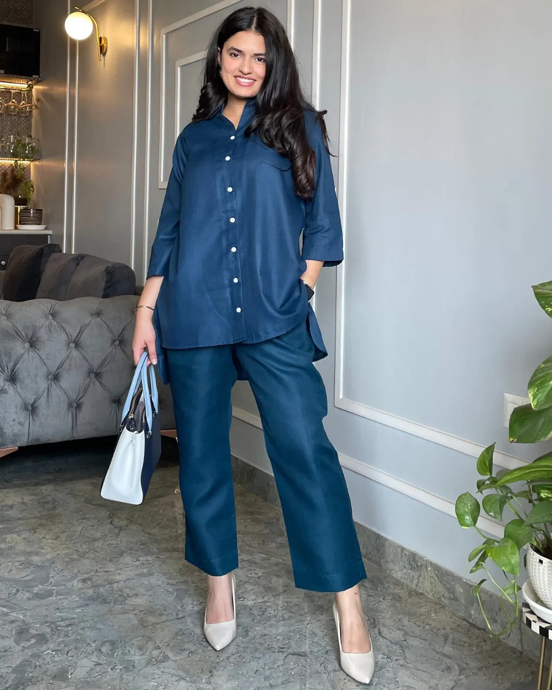 Teal Blue Cotton Slub Aline Co-ord Set of 2
