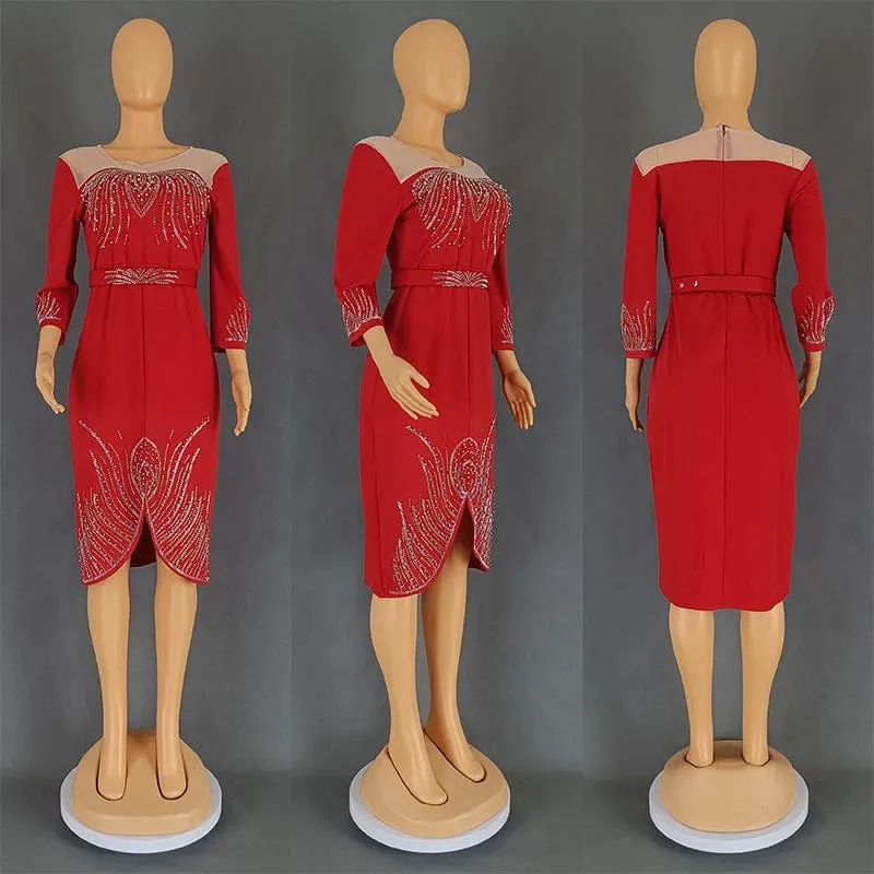 Women Luxury Dress O Neck Mesh Patchwork Slim Fit Knee Length