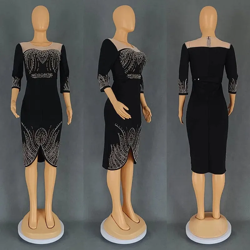 Women Luxury Dress O Neck Mesh Patchwork Slim Fit Knee Length