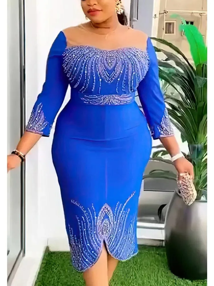 Women Luxury Dress O Neck Mesh Patchwork Slim Fit Knee Length
