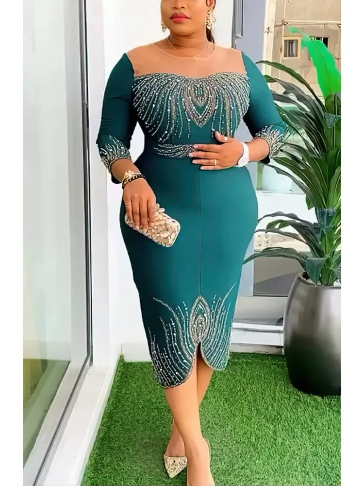 Women Luxury Dress O Neck Mesh Patchwork Slim Fit Knee Length
