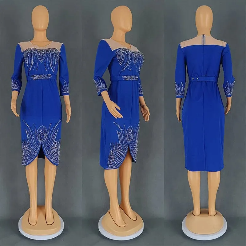 Women Luxury Dress O Neck Mesh Patchwork Slim Fit Knee Length