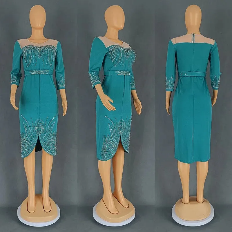 Women Luxury Dress O Neck Mesh Patchwork Slim Fit Knee Length
