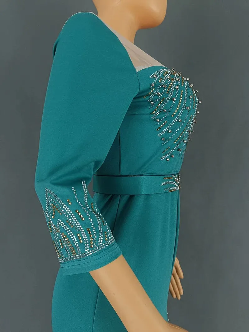 Women Luxury Dress O Neck Mesh Patchwork Slim Fit Knee Length