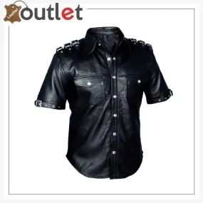 Womens Real Leather Black Police Shirt Handmade Leather Shirt