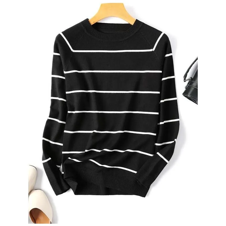 Women's Spring Autumn Long Sleeve Striped Knitted O-Neck Pullover Sweater